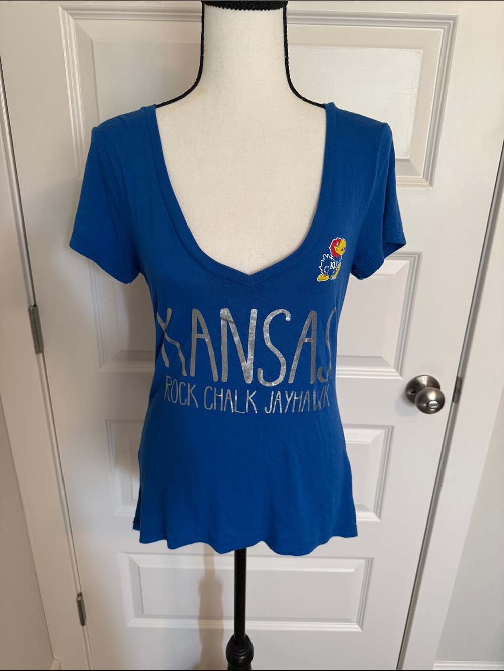 Blue 84| Blue and Silver Kansas Jayhawks Women's Scoop Neck Short Sleeve Tee